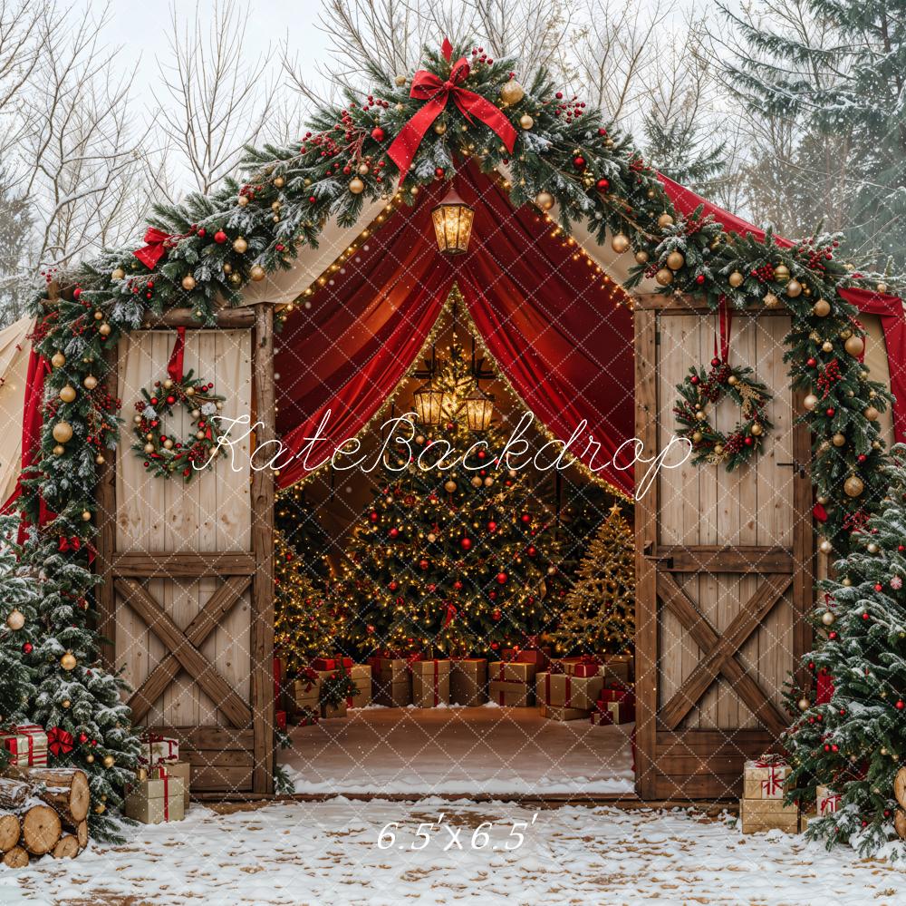 Kate Christmas Tree Barn Bow Snow Forest Backdrop Designed by Emetselch - Image 4