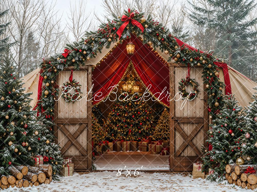Kate Christmas Tree Barn Bow Snow Forest Backdrop Designed by Emetselch - Image 5