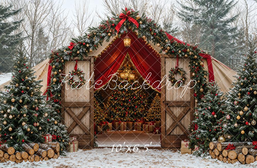 Kate Christmas Tree Barn Bow Snow Forest Backdrop Designed by Emetselch - Image 6