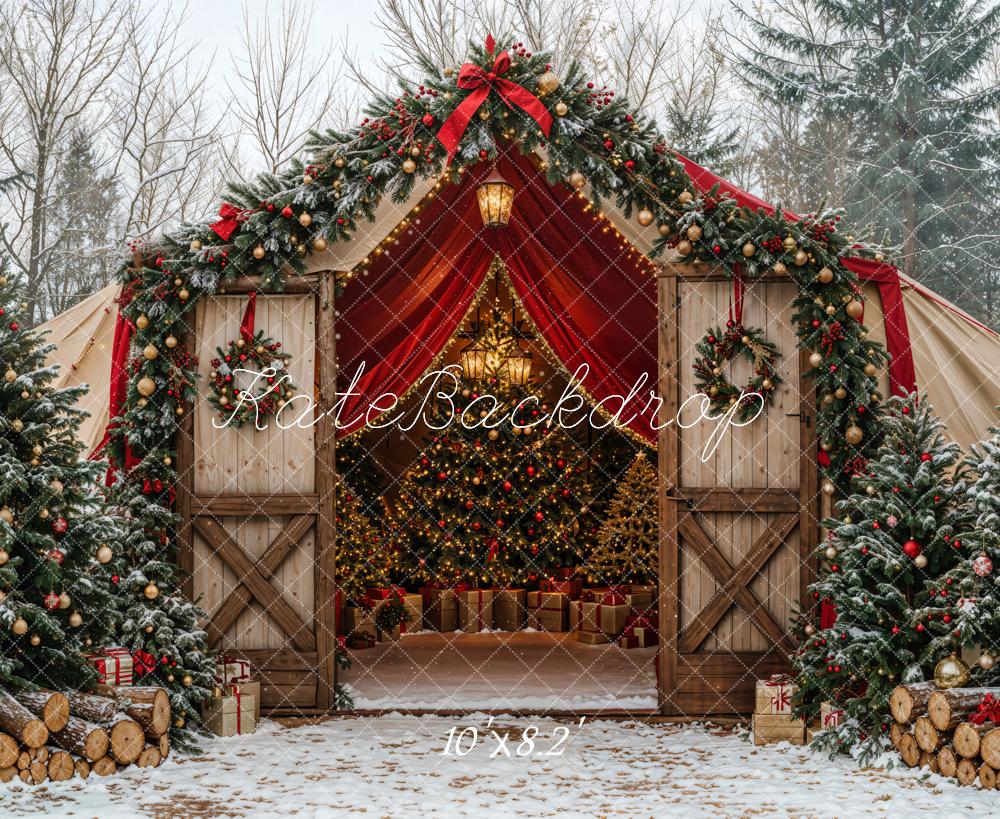 Kate Christmas Tree Barn Bow Snow Forest Backdrop Designed by Emetselch - Image 7