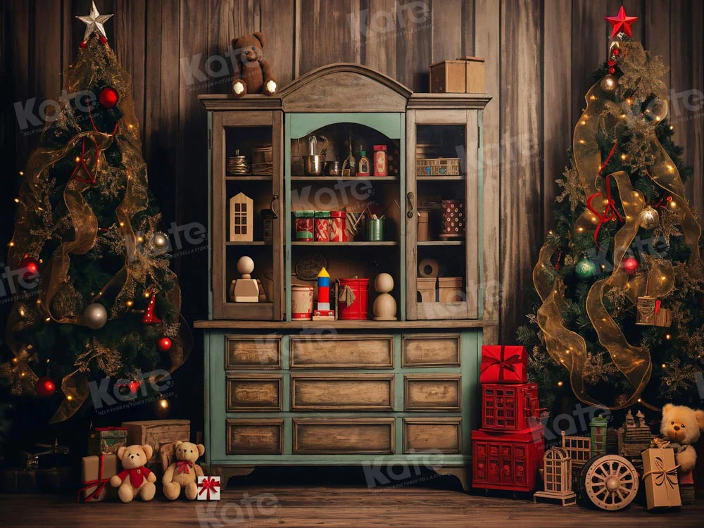 Kate Christmas Tree Bear Bookshelf Backdrop for Photography - Image 5