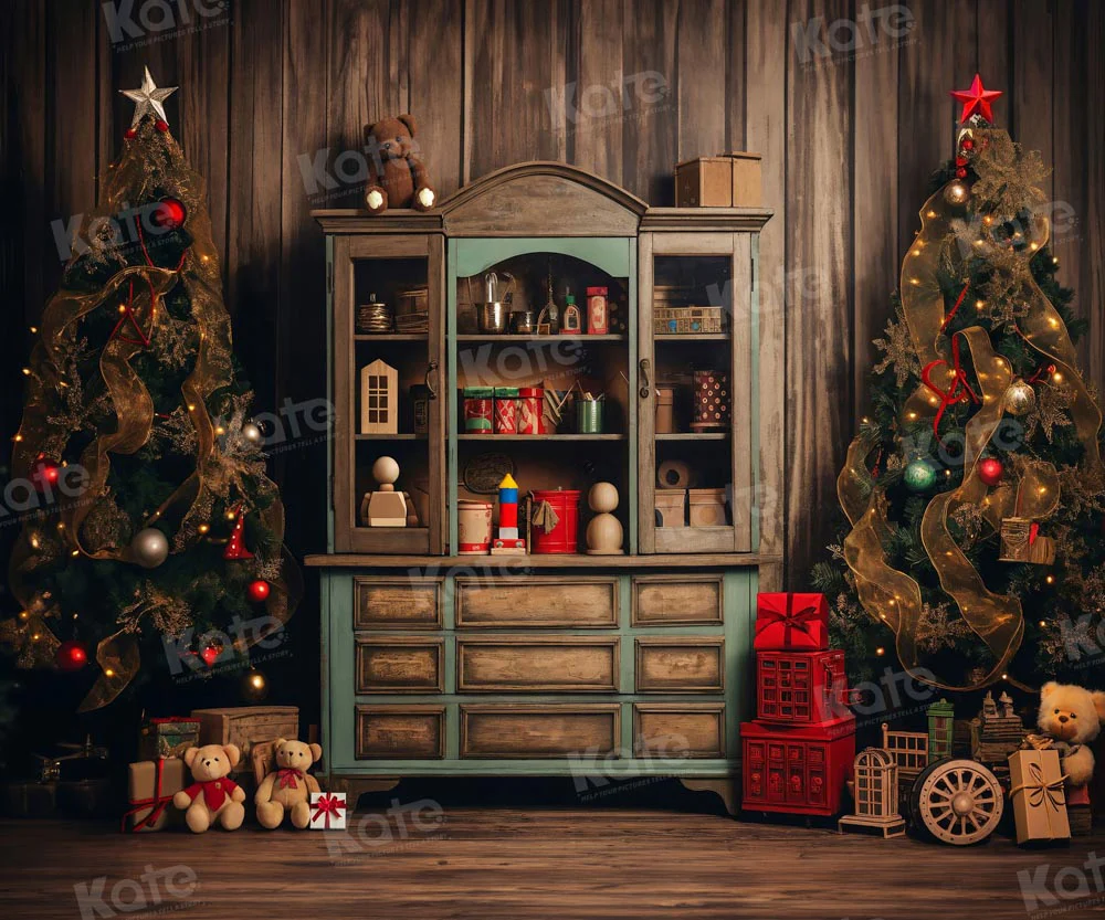 Kate Christmas Tree Bear Bookshelf Backdrop for Photography - Image 6