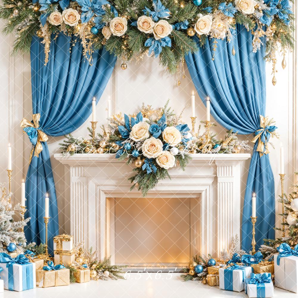 Kate Christmas Tree Blue Curtain Fireplace Gifts Backdrop Designed by Emetselch - Image 2
