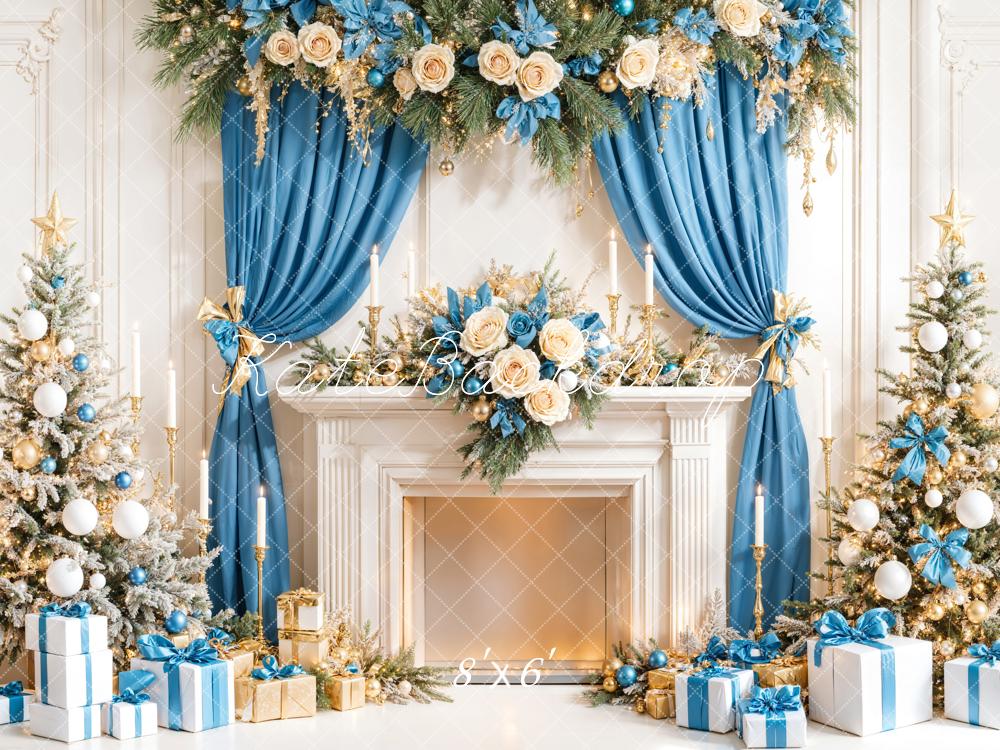 Kate Christmas Tree Blue Curtain Fireplace Gifts Backdrop Designed by Emetselch - Image 3
