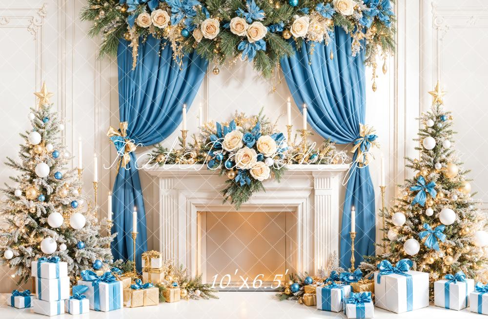 Kate Christmas Tree Blue Curtain Fireplace Gifts Backdrop Designed by Emetselch - Image 4