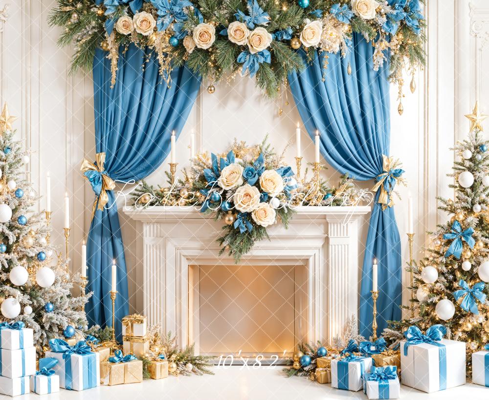 Kate Christmas Tree Blue Curtain Fireplace Gifts Backdrop Designed by Emetselch - Image 5