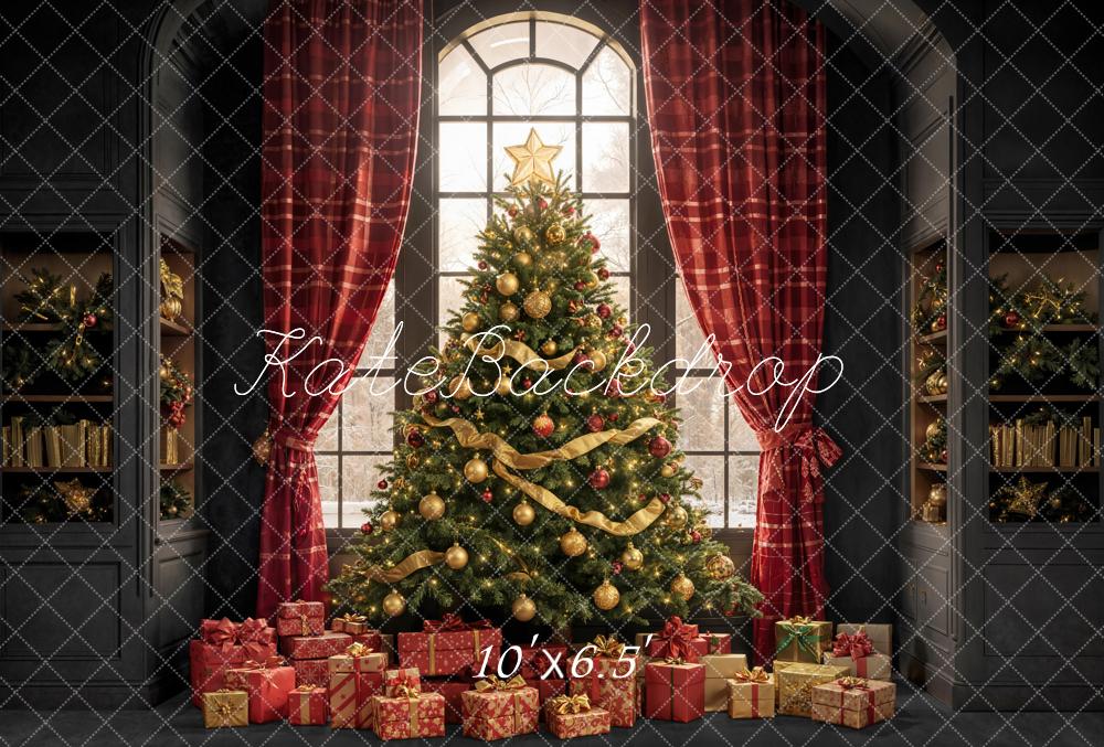 Kate Christmas Tree Bookshelves Window Fleece Backdrop Designed by Emetselch - Image 2