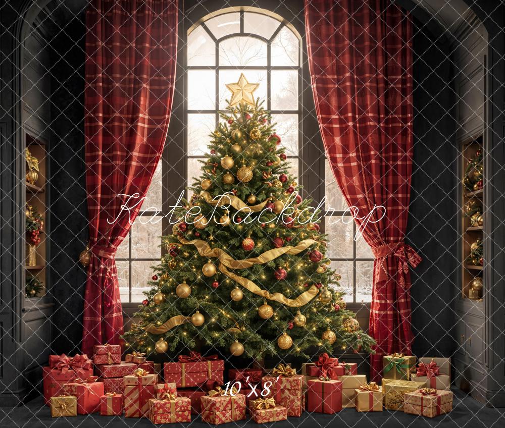 Kate Christmas Tree Bookshelves Window Fleece Backdrop Designed by Emetselch - Image 3