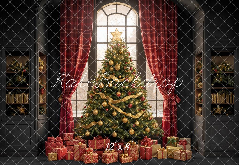 Kate Christmas Tree Bookshelves Window Fleece Backdrop Designed by Emetselch - Image 4