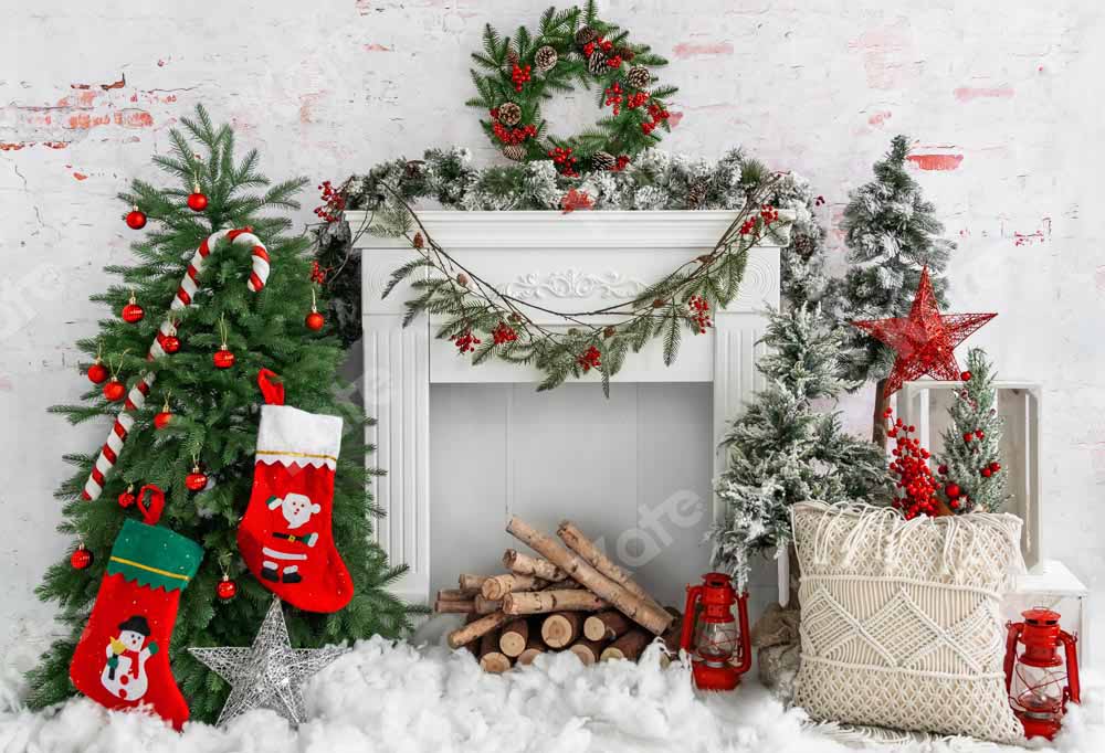 Kate Christmas Tree Brick Fireplace Backdrop Designed by Emetselch - Image 2