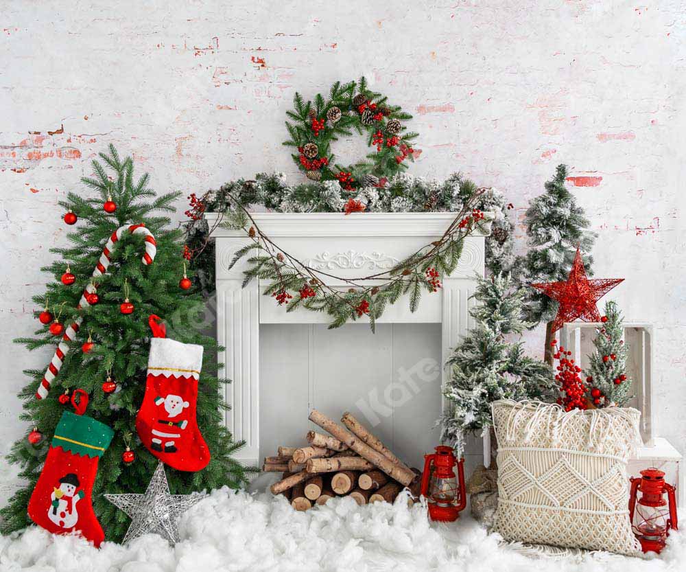 Kate Christmas Tree Brick Fireplace Backdrop Designed by Emetselch - Image 6