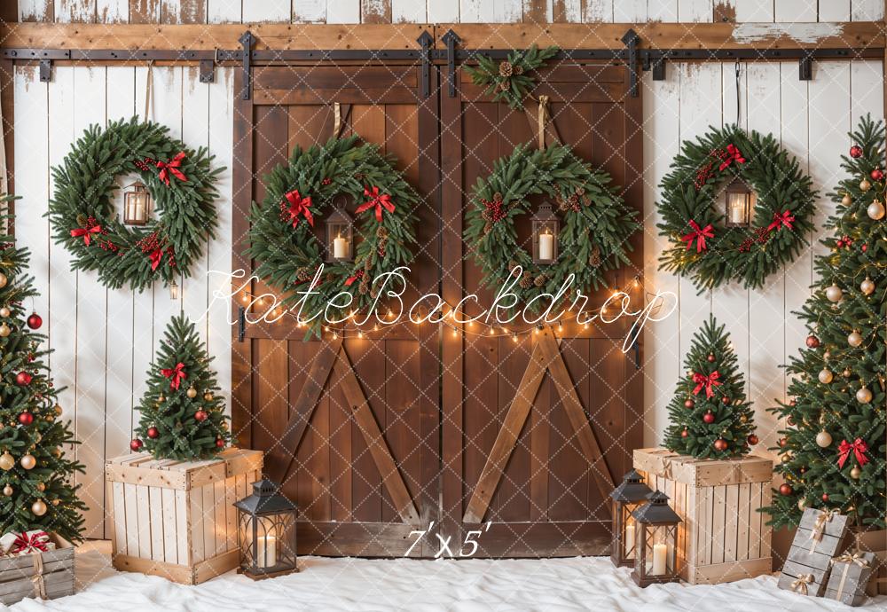 Kate Christmas Tree Brown Wooden Barn Door Backdrop Designed by Emetselch - Image 2