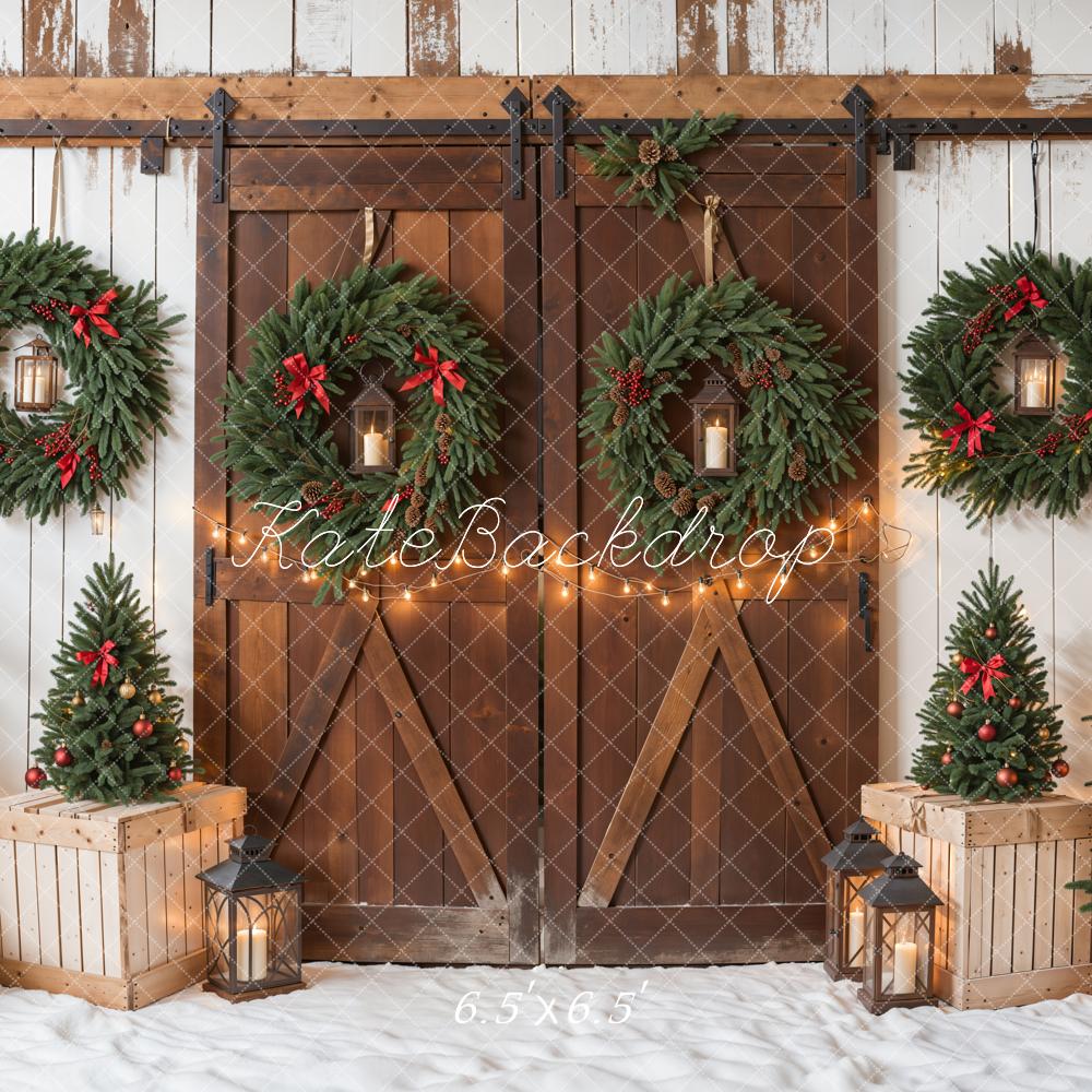 Kate Christmas Tree Brown Wooden Barn Door Backdrop Designed by Emetselch - Image 3