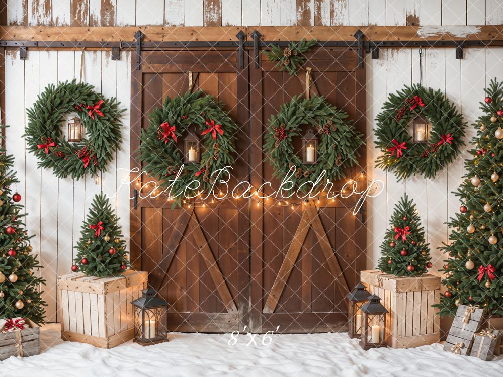 Kate Christmas Tree Brown Wooden Barn Door Backdrop Designed by Emetselch - Image 4