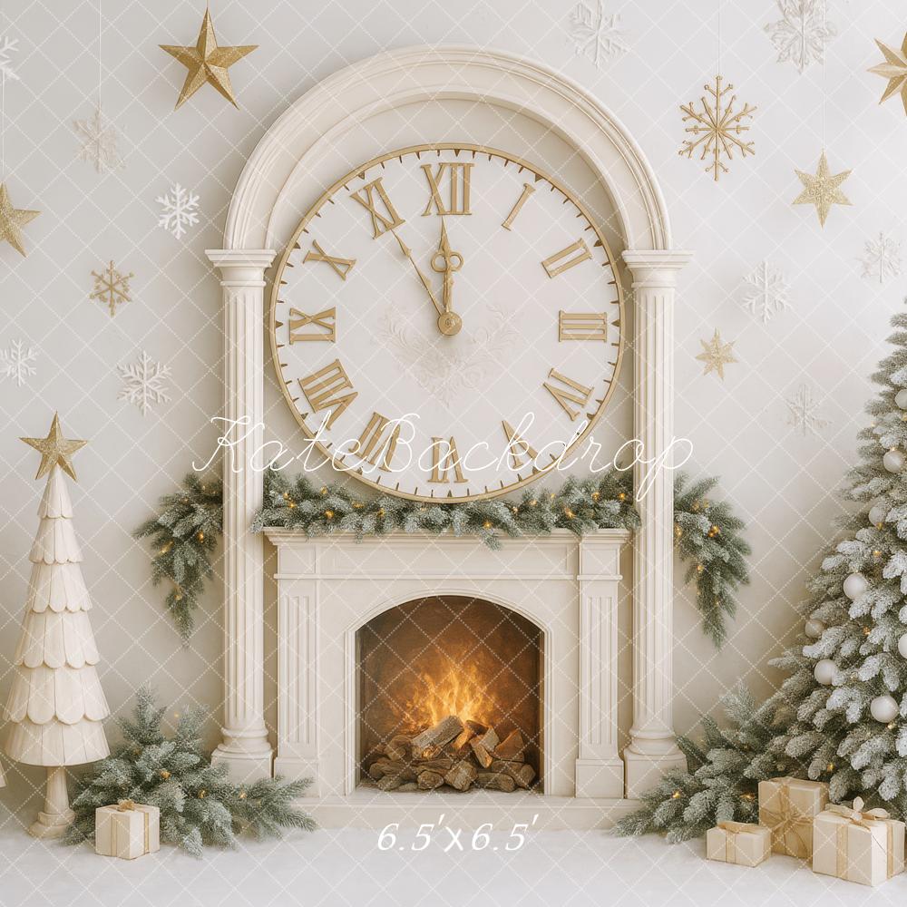 Kate Christmas Tree Clock Fireplace White Backdrop Designed by Patty Robert - Image 2