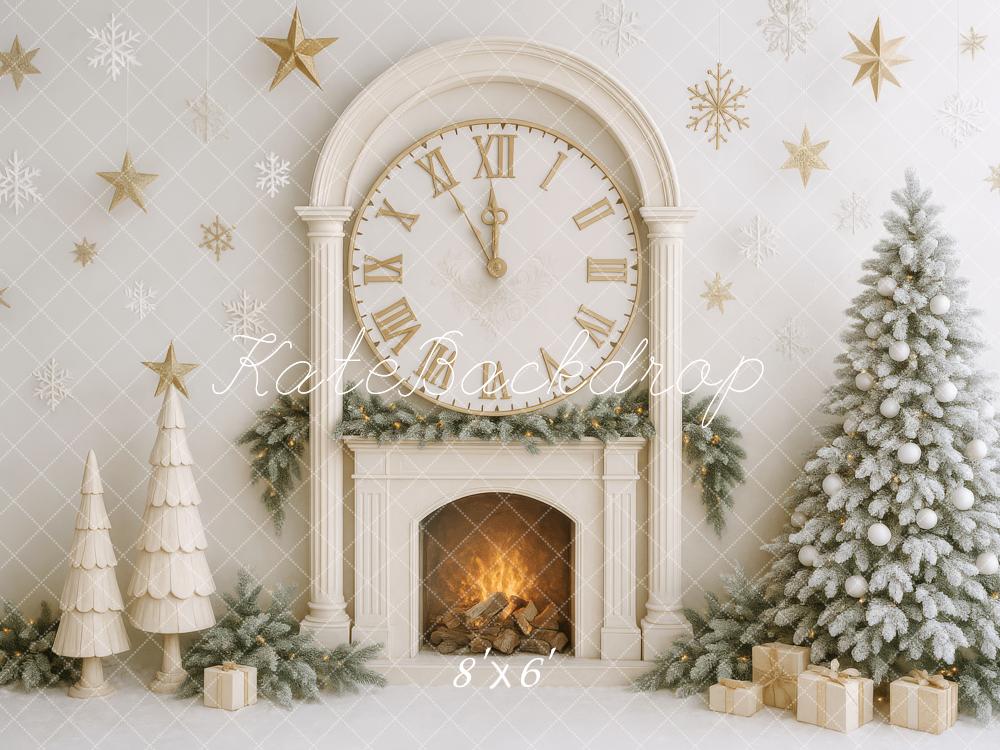 Kate Christmas Tree Clock Fireplace White Backdrop Designed by Patty Robert - Image 3