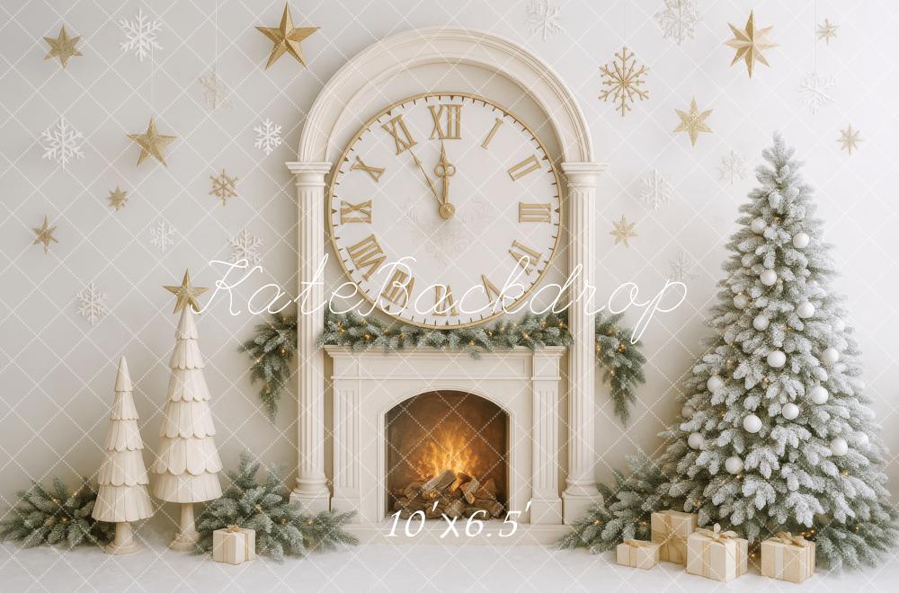 Kate Christmas Tree Clock Fireplace White Backdrop Designed by Patty Robert - Image 4