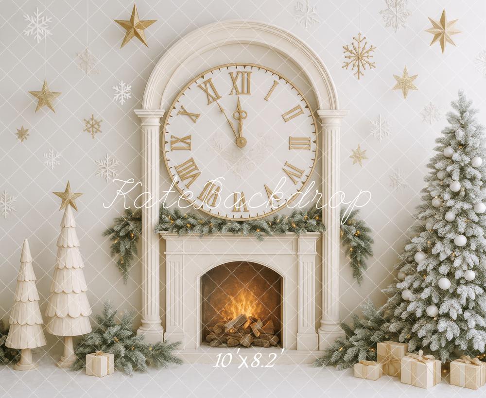 Kate Christmas Tree Clock Fireplace White Backdrop Designed by Patty Robert - Image 5