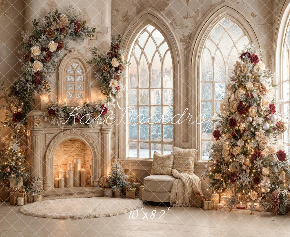 Kate Christmas Tree Roses Fireplace Arched Window Backdrop Designed by Emetselch - Image 11