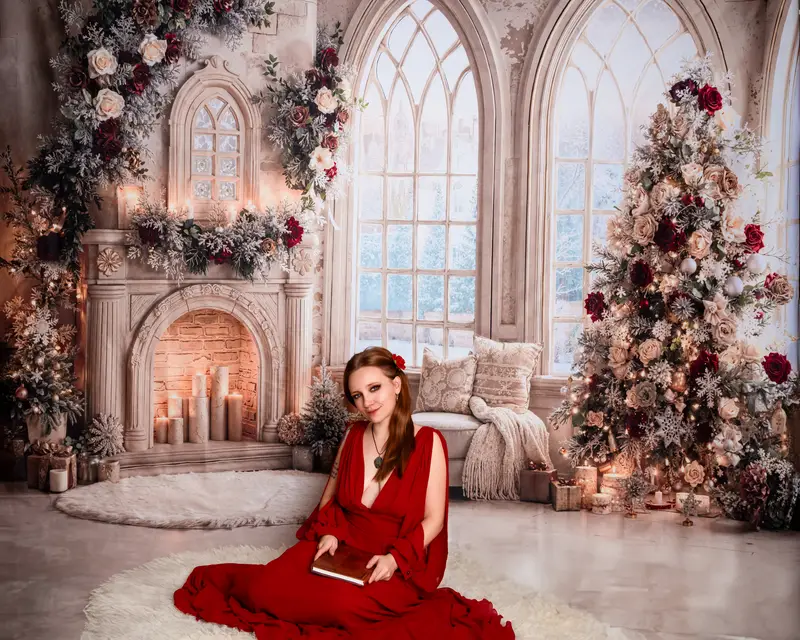 Kate Christmas Tree Roses Fireplace Arched Window Backdrop Designed by Emetselch - Image 12