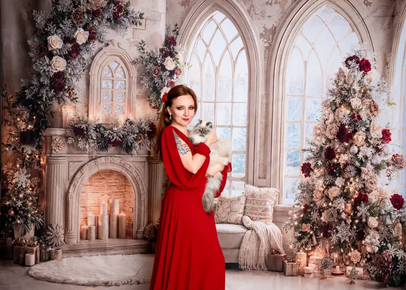 Kate Christmas Tree Roses Fireplace Arched Window Backdrop Designed by Emetselch - Image 3