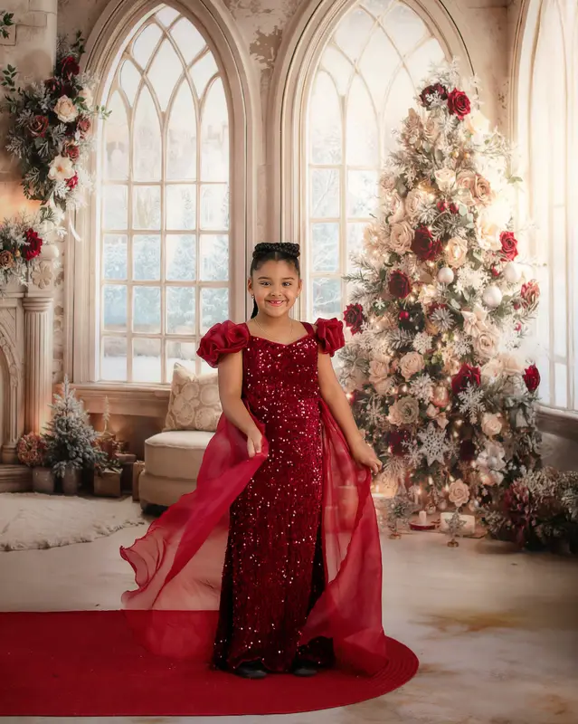Kate Christmas Tree Roses Fireplace Arched Window Backdrop Designed by Emetselch - Image 4