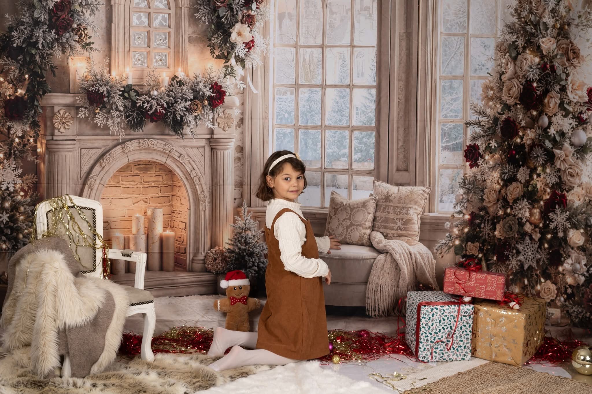Kate Christmas Tree Roses Fireplace Arched Window Backdrop Designed by Emetselch - Image 6