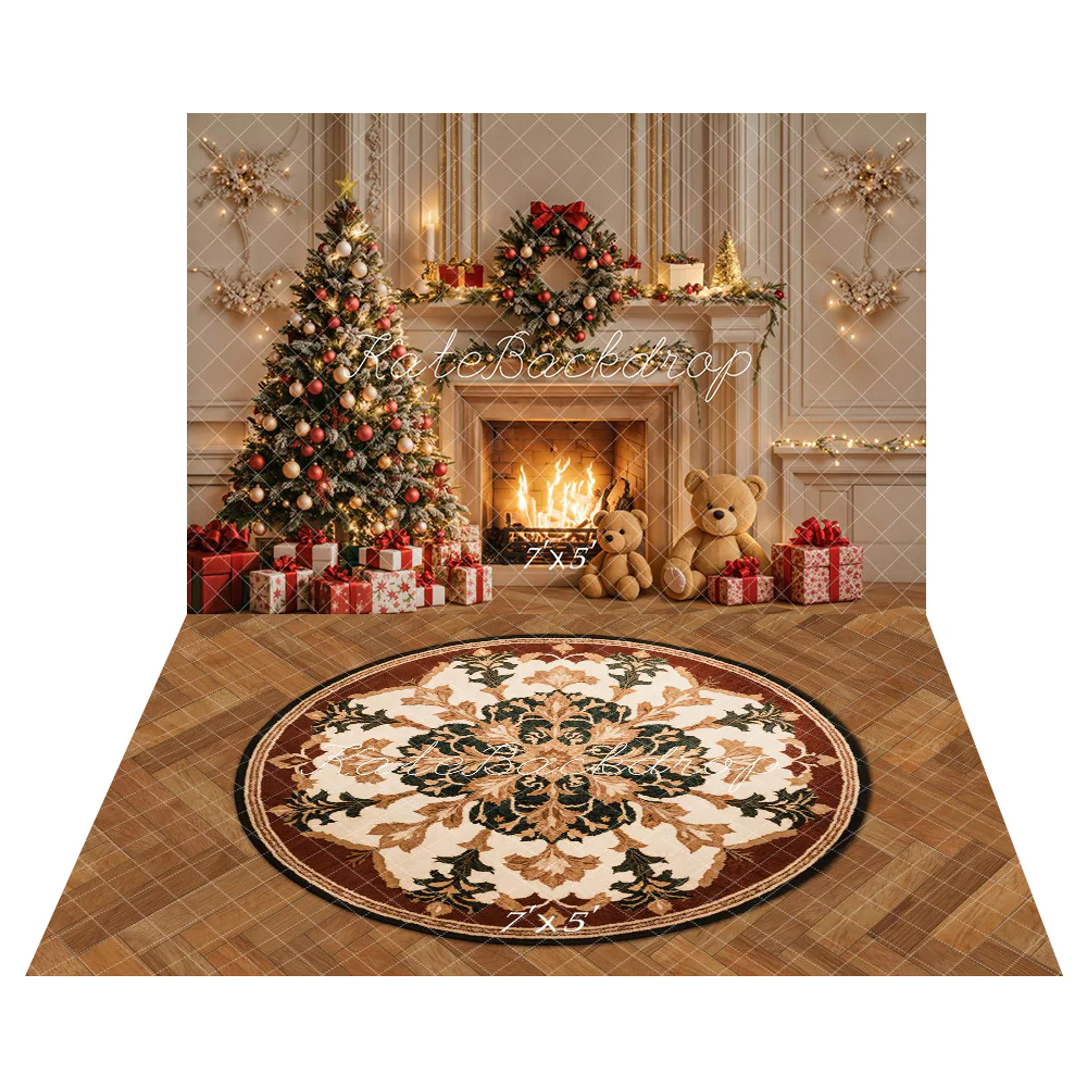 Kate Christmas Tree Fireplace Backdrop+Round Retro Floral Rug Floor Backdrop - Image 2