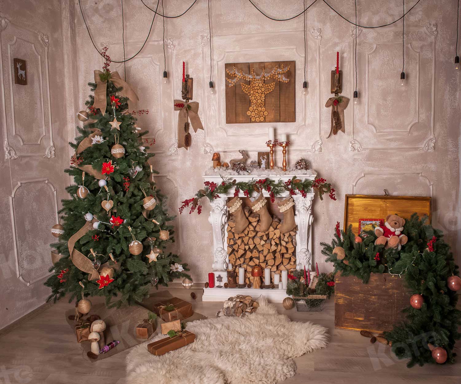 Kate Christmas Tree Fireplace Room Background for Family Photography - Image 3