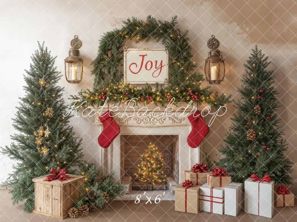 Kate Christmas Tree Fireplace Joy Gifts White Backdrop Designed by Emetselch - Image 3