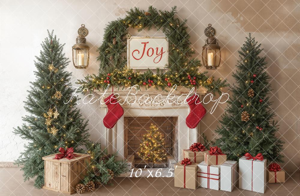 Kate Christmas Tree Fireplace Joy Gifts White Backdrop Designed by Emetselch - Image 4
