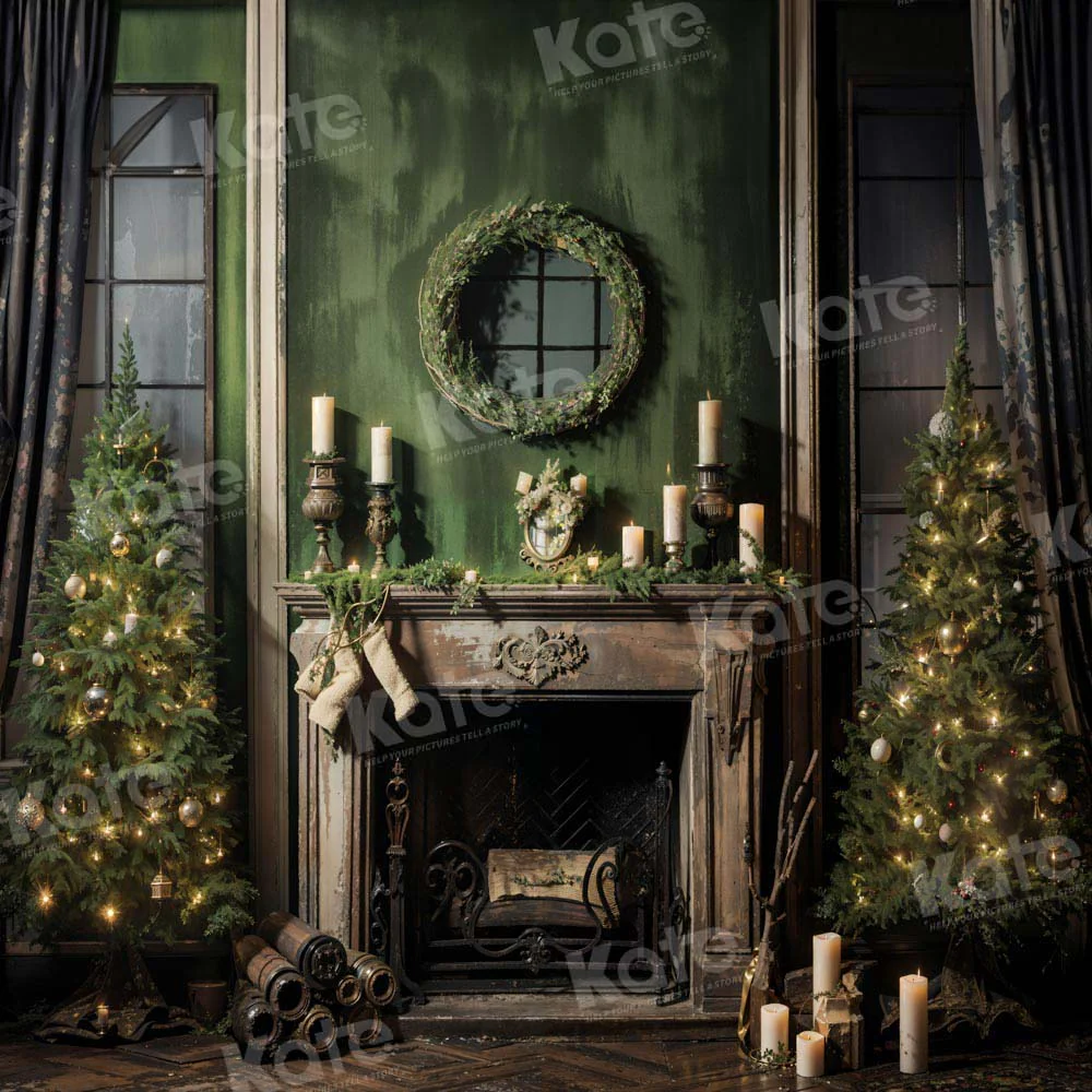 Kate Christmas Tree Fireplace Old Green Backdrop Designed by Chain Photography - Image 2