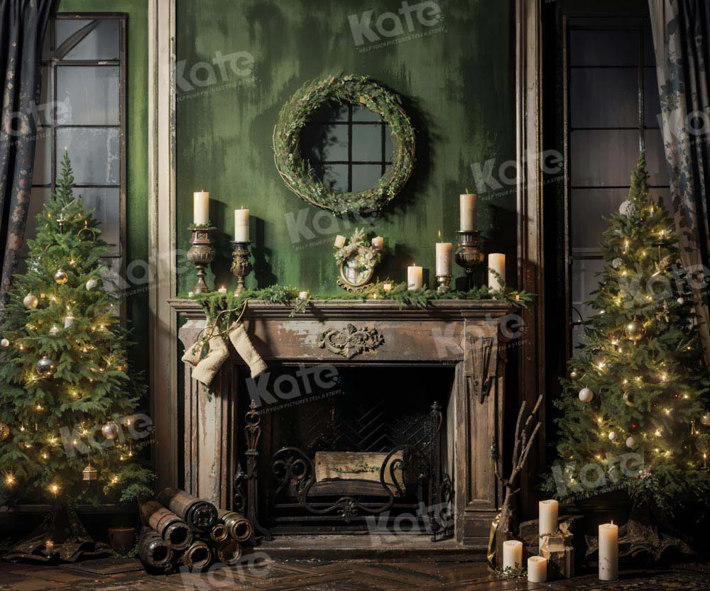 Kate Christmas Tree Fireplace Old Green Backdrop Designed by Chain Photography - Image 3