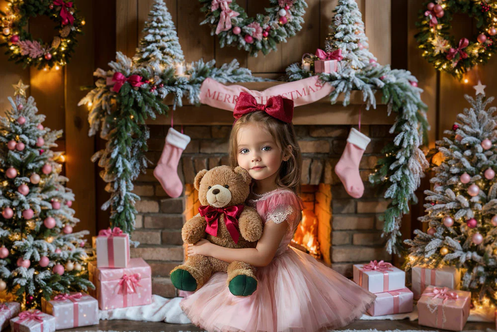 Kate Christmas Tree Fireplace Pink Gift Box Backdrop Designed by Emetselch - Image 2