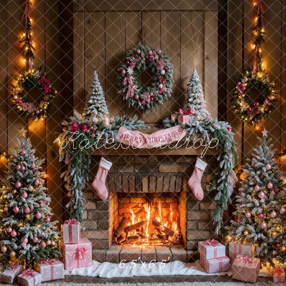 Kate Christmas Tree Fireplace Pink Gift Box Backdrop Designed by Emetselch - Image 3