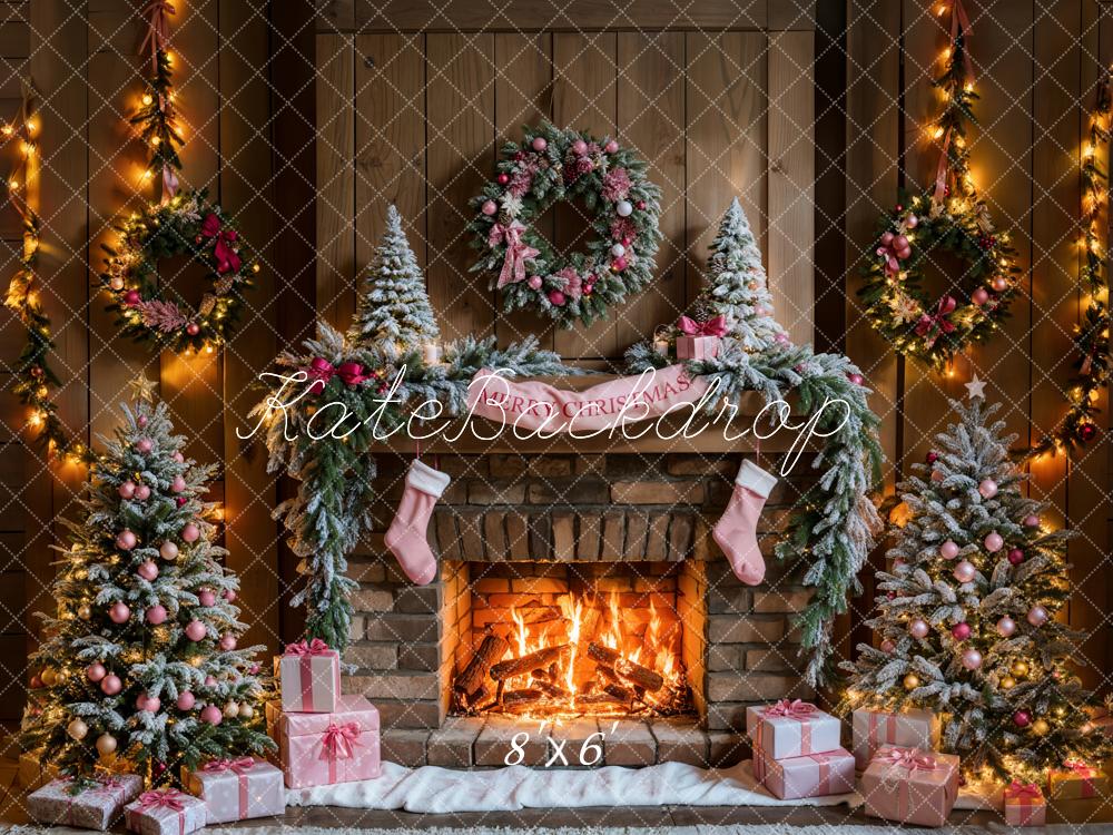 Kate Christmas Tree Fireplace Pink Gift Box Backdrop Designed by Emetselch - Image 4