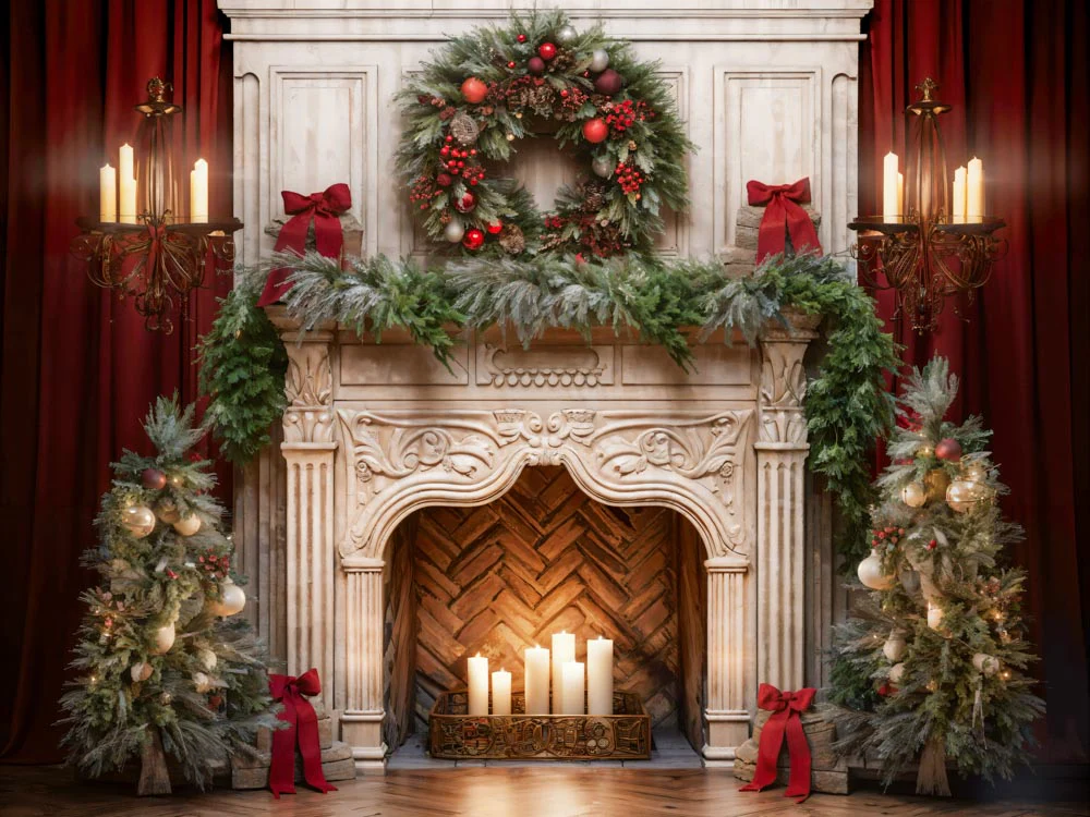 Kate Christmas Tree Fireplace Red Fleece Backdrop Designed by Emetselch - Image 19