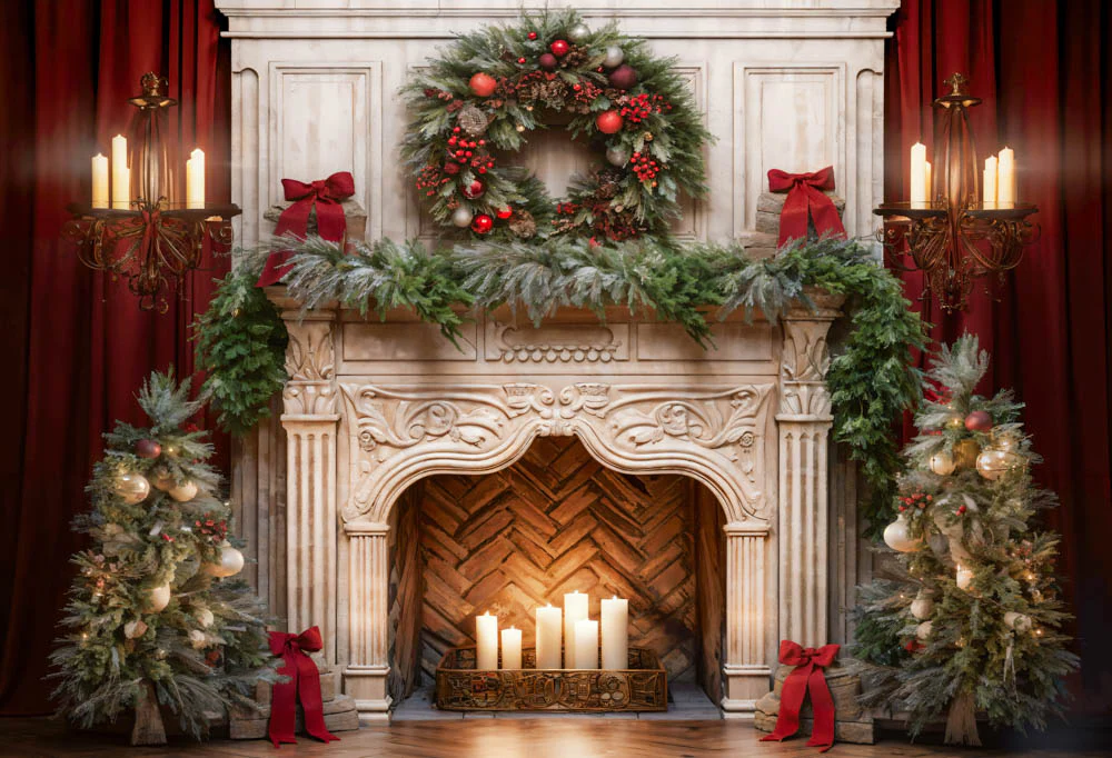 Kate Christmas Tree Fireplace Red Fleece Backdrop Designed by Emetselch - Image 2