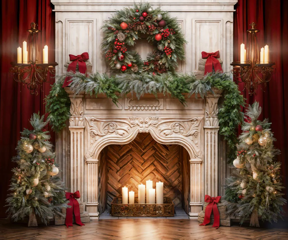 Kate Christmas Tree Fireplace Red Fleece Backdrop Designed by Emetselch - Image 20