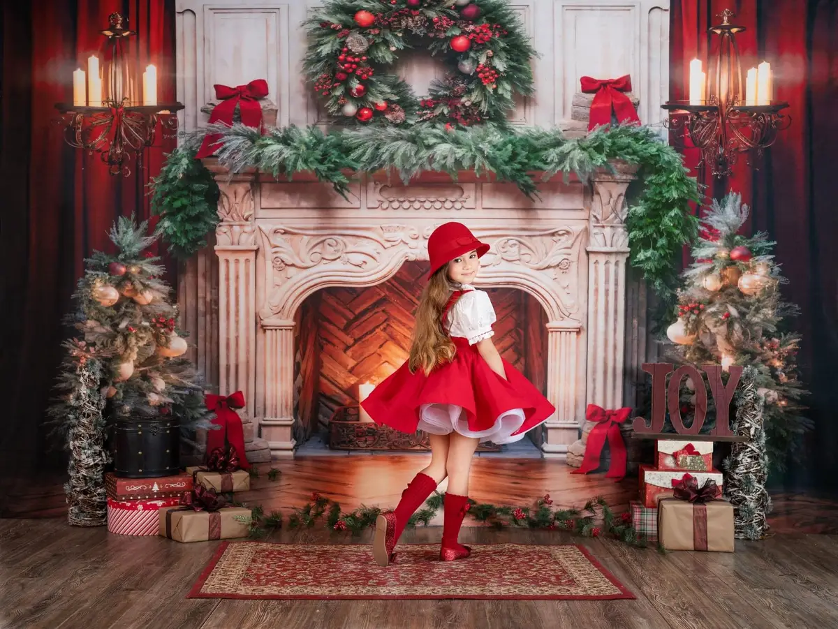 Kate Christmas Tree Fireplace Red Fleece Backdrop Designed by Emetselch - Image 8