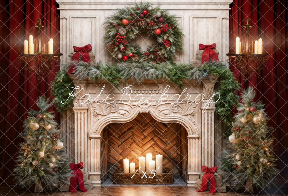 Kate Christmas Tree Fireplace Red Backdrop Designed by Emetselch - Image 2