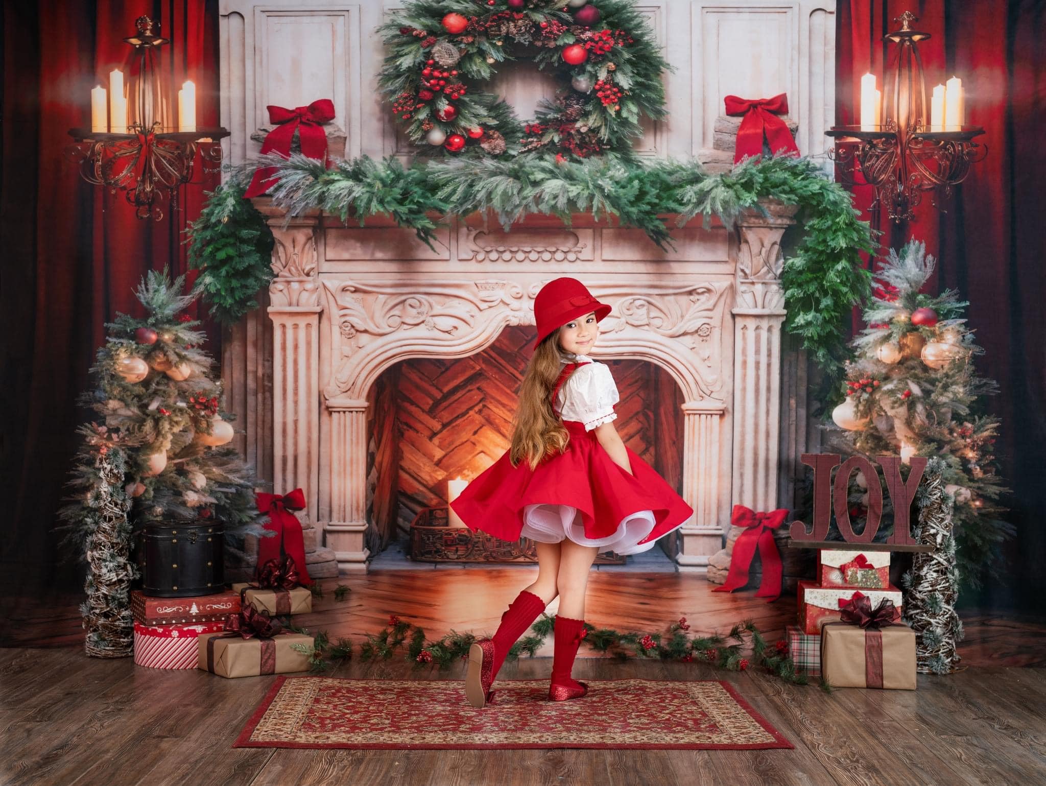Kate Christmas Tree Fireplace Red Backdrop Designed by Emetselch - Image 3