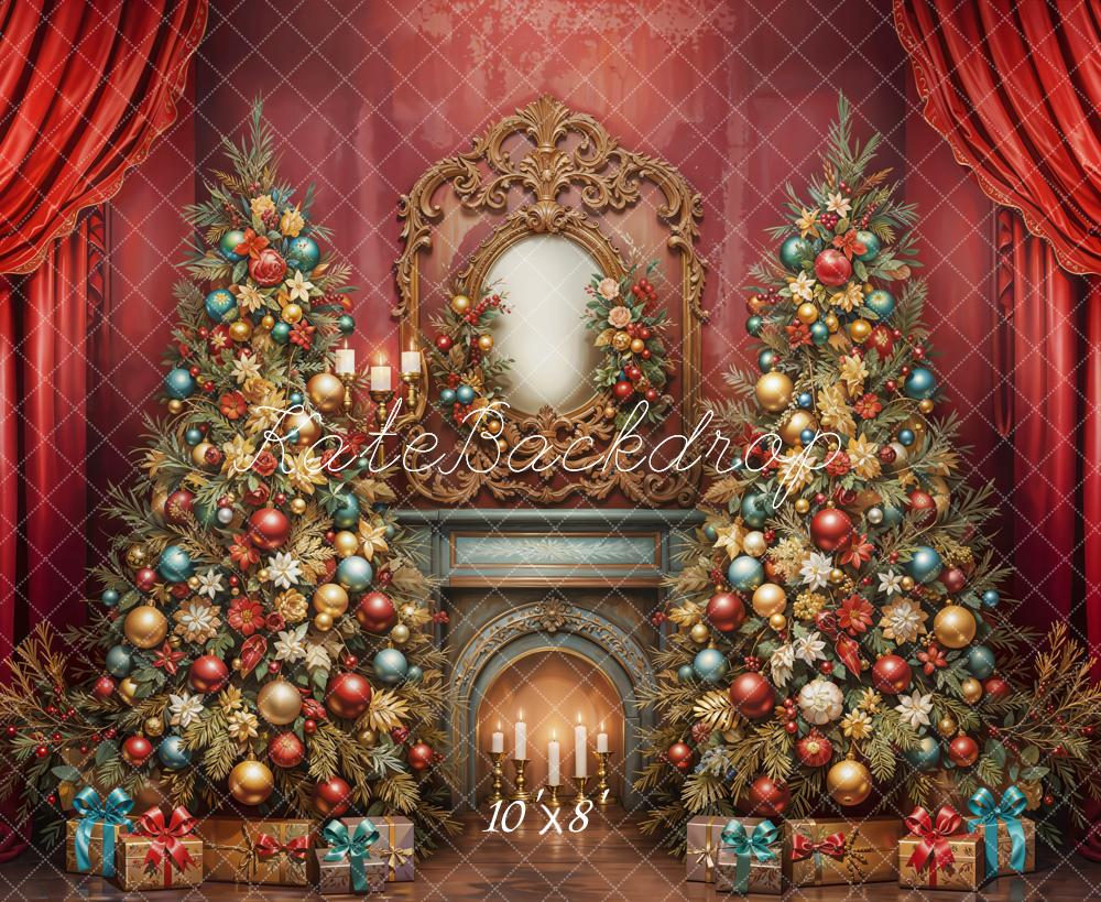 Kate Christmas Tree Fireplace Red Curtains Fleece Backdrop Designed by Emetselch - Image 3