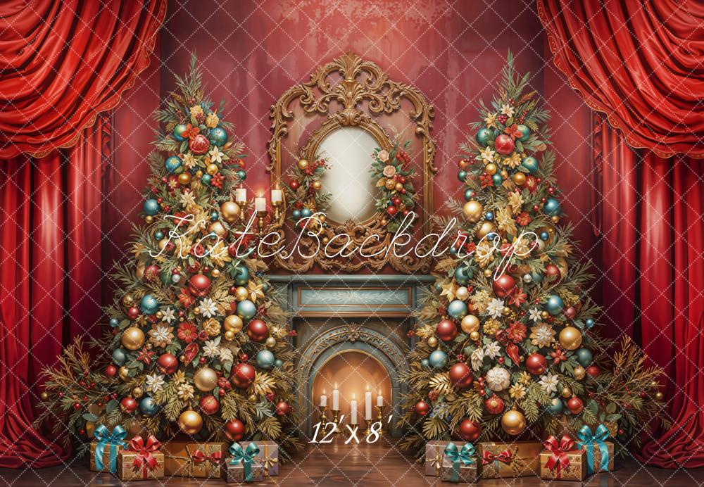 Kate Christmas Tree Fireplace Red Curtains Fleece Backdrop Designed by Emetselch - Image 4