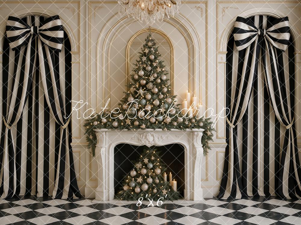 Kate Christmas Tree Fireplace Striped Bows Backdrop Designed by Ashley Paul - Image 3