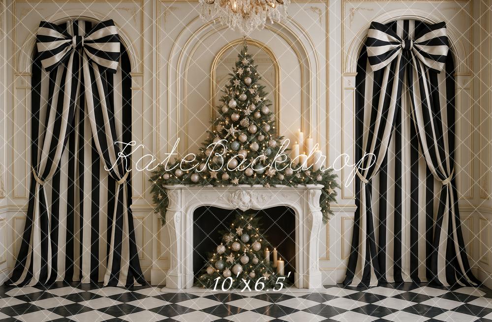 Kate Christmas Tree Fireplace Striped Bows Backdrop Designed by Ashley Paul - Image 4