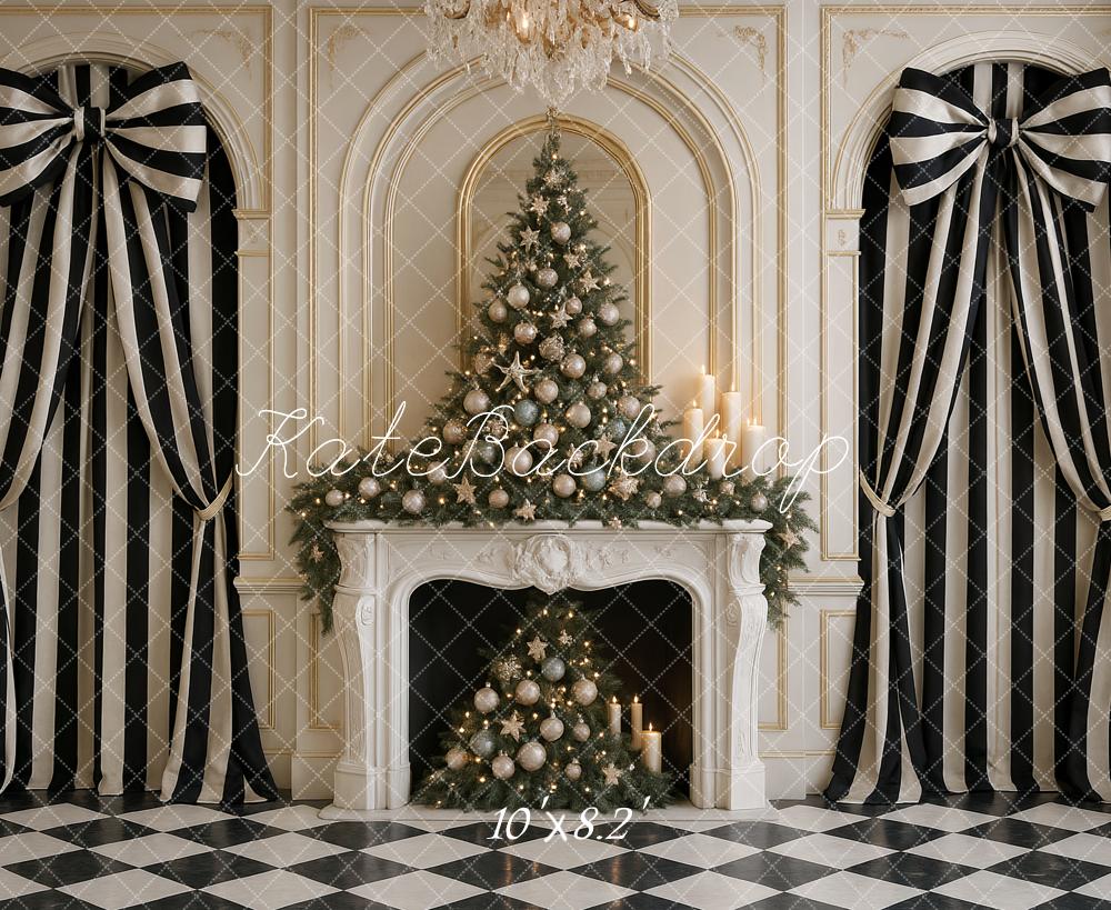 Kate Christmas Tree Fireplace Striped Bows Backdrop Designed by Ashley Paul - Image 6