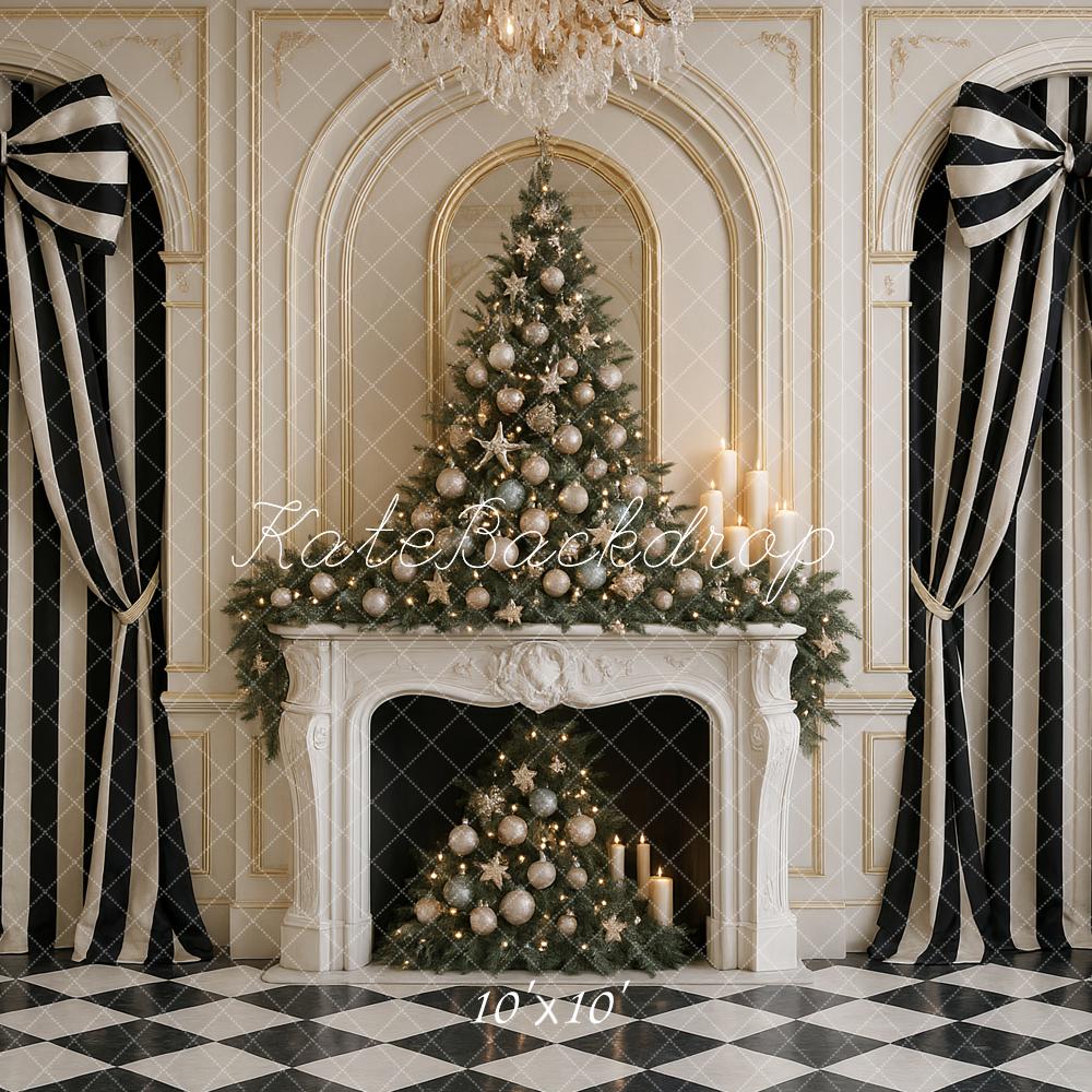 Kate Christmas Tree Fireplace Striped Bows Backdrop Designed by Ashley Paul - Image 7