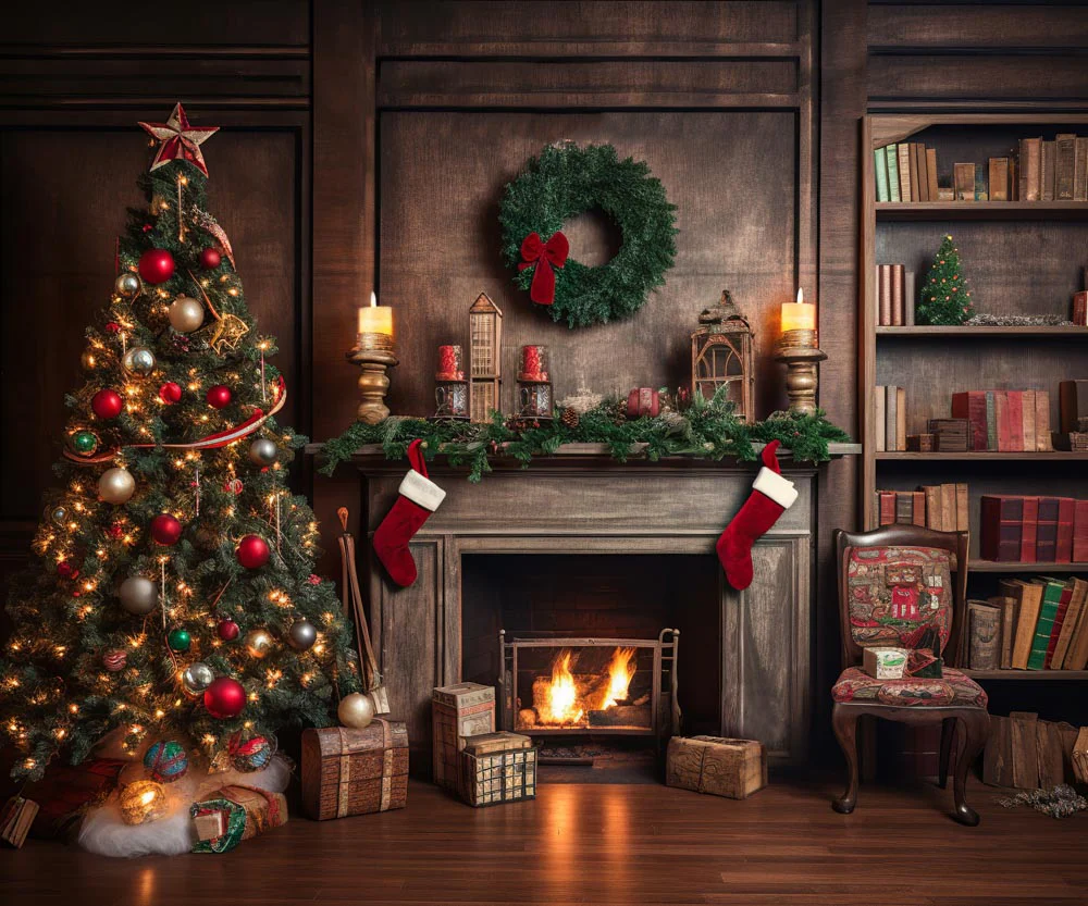 Kate Christmas Tree Fireplace Winter Backdrop for Photography - Image 10