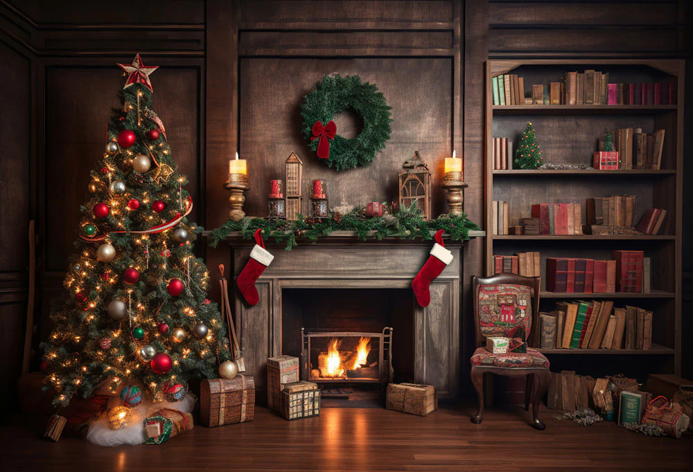 Kate Christmas Tree Fireplace Winter Backdrop for Photography - Image 2